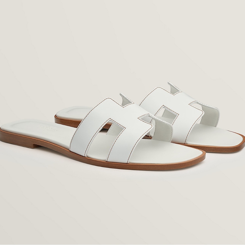 Hermes Oran white  Leather Slide Sandals